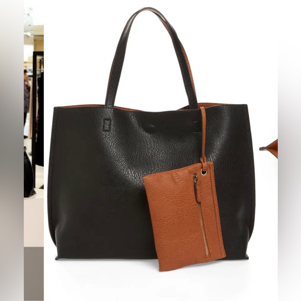 Reversible Faux Leather Tote & Wristlet